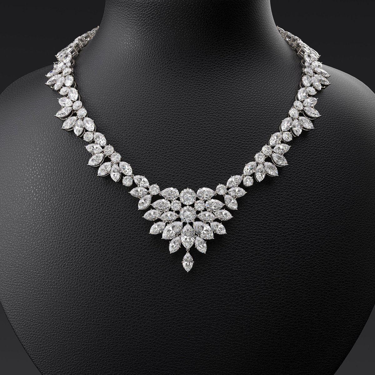 Luxurious diamond necklace on a leather bust stand